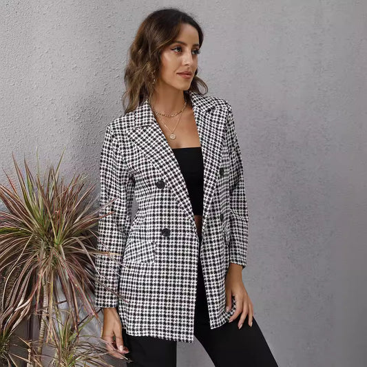 Womens Elegant Houndstooth Long Coat