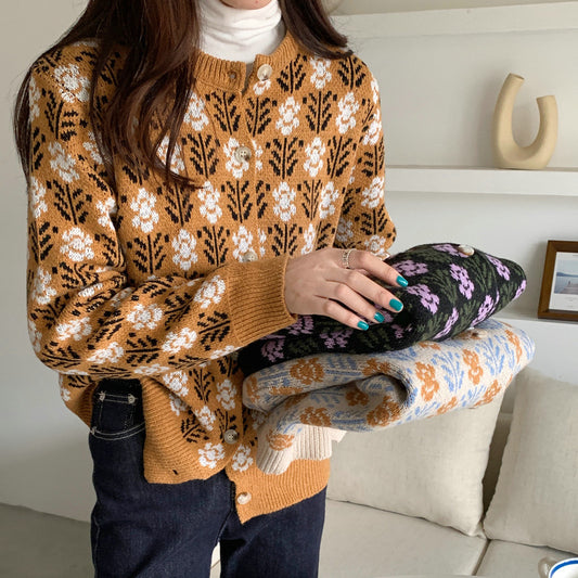 Autumn Themed Flower Design Elegant Cardigan For Women