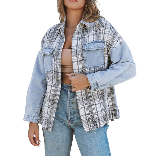 Womens Brown Plaid Mini Denim Coat