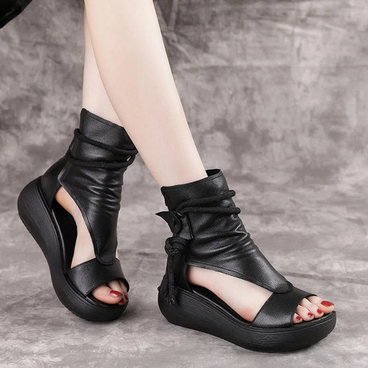 Mid Platform Heel Leather Women Sandals