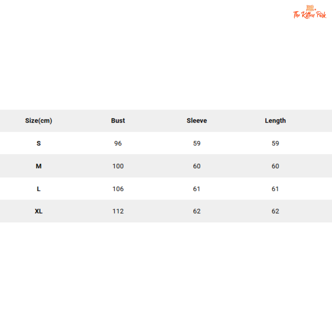 Size chart for clothing with measurements in centimeters
