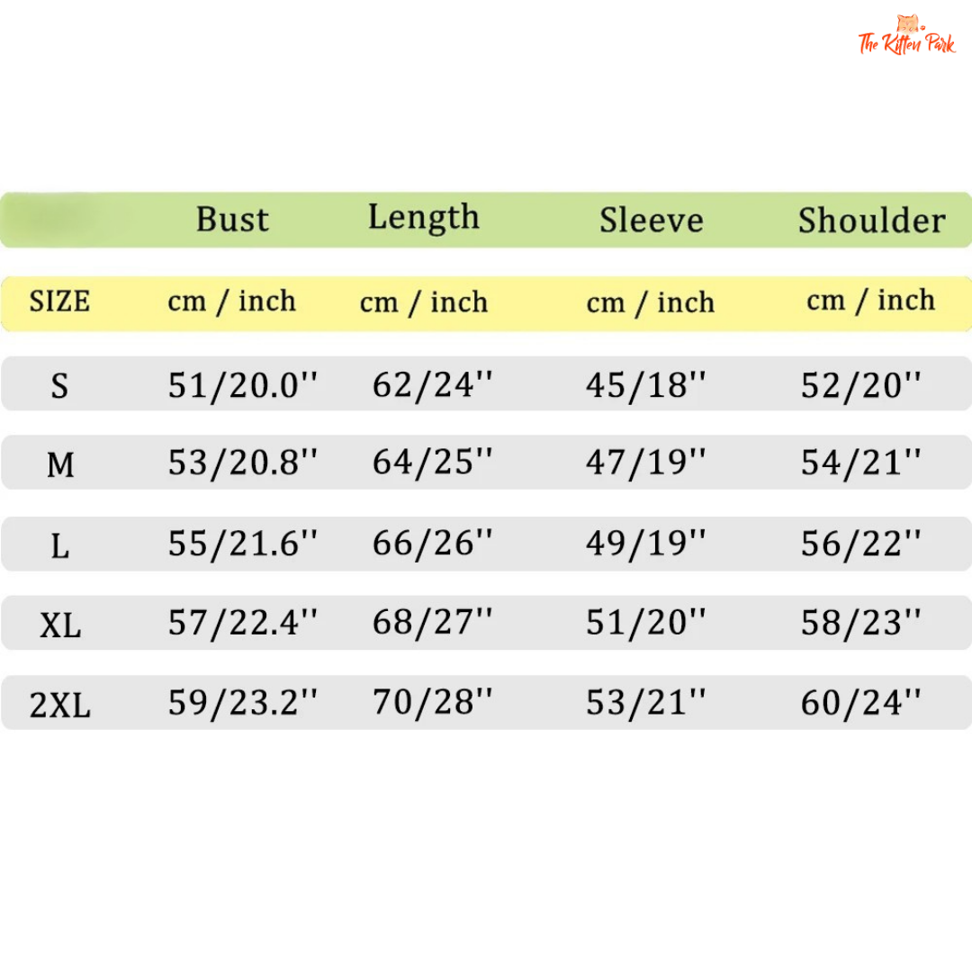 Size chart for clothing with measurements in centimeters and inches.