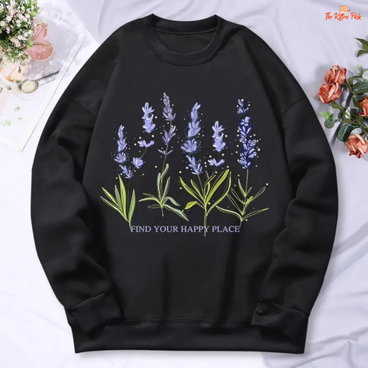A lavender print oversized hoodie for women with fleece fabric, casual streetwear design, O-neck collar, and warm artificial fur liner for autumn and winter.
