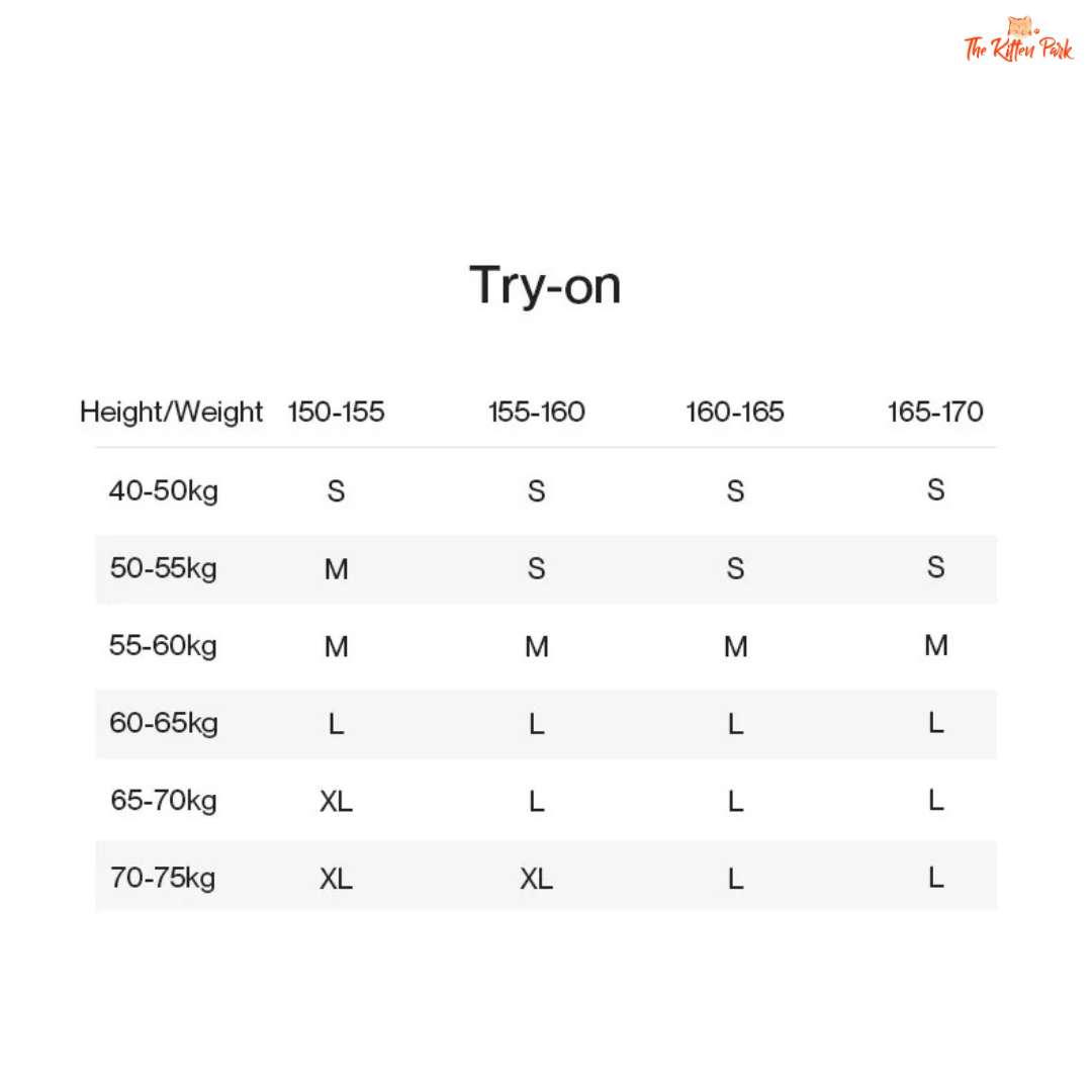 Size chart for clothing based on height and weight with 'The Raffia Pack' logo.