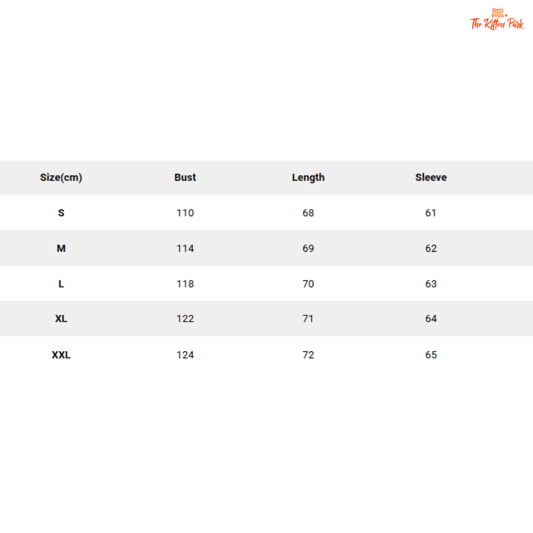 Size chart for clothing with measurements in centimeters