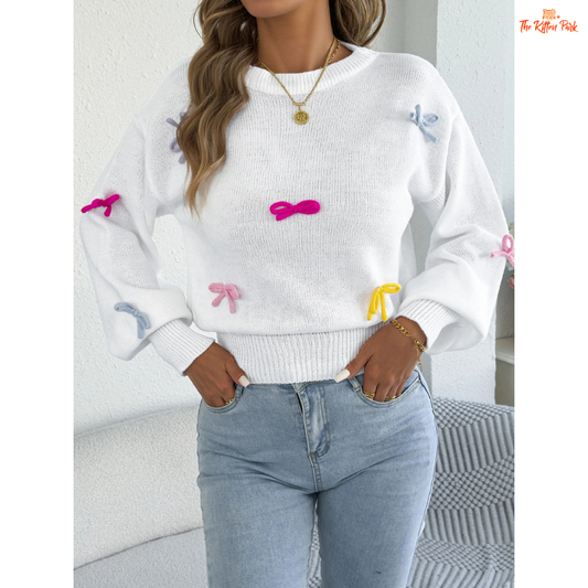 2026 Women’s Contrast Bow Knit Sweater Lantern Sleeve in solid acrylic with bow detail, lantern sleeves, and regular fit for autumn/winter wear.