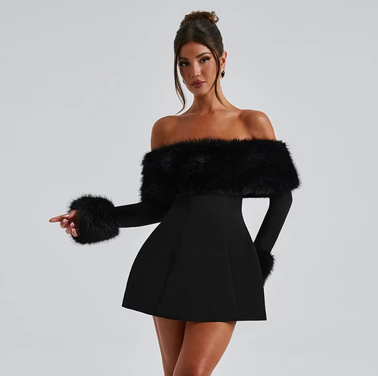 Elegant off-shoulder dress with feather-trimmed sleeves, A-line silhouette, backless design, and matte black tones – perfect for autumn/winter evenings.