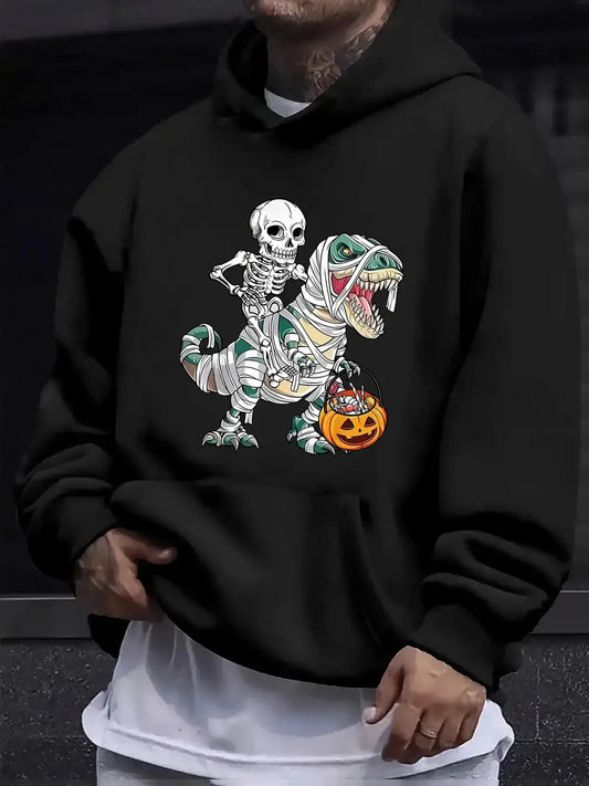 Funny Halloween Outfit Inspo: Skeleton Riding T-Rex Mummy Hoodie