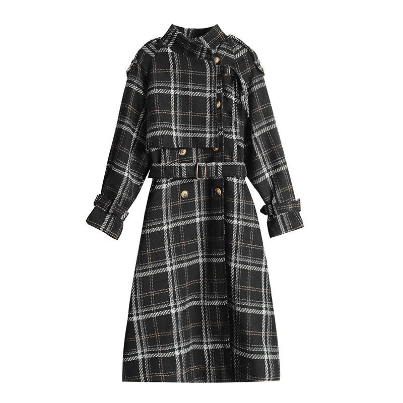 Womens Plaid Wool Thick Velvet Mid Length Coats