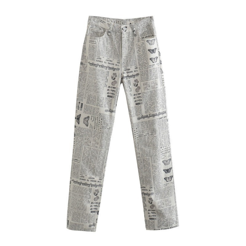Casual Newspaper Print High Waist Pants