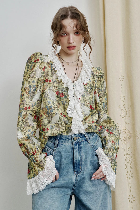 2025 Spring French V-Neck Lace Shirt – Women's Elegant Retro Printed Blouse