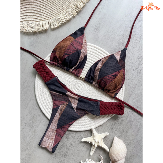 Printed halter bikini set for women featuring a high-cut mini thong design and wire-free top, perfect for summer beachwear.