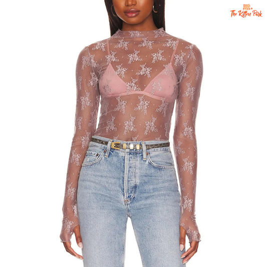 Sheer floral embroidered mesh blouse for women with long sleeves, mock neck, and a lightweight casual fit.