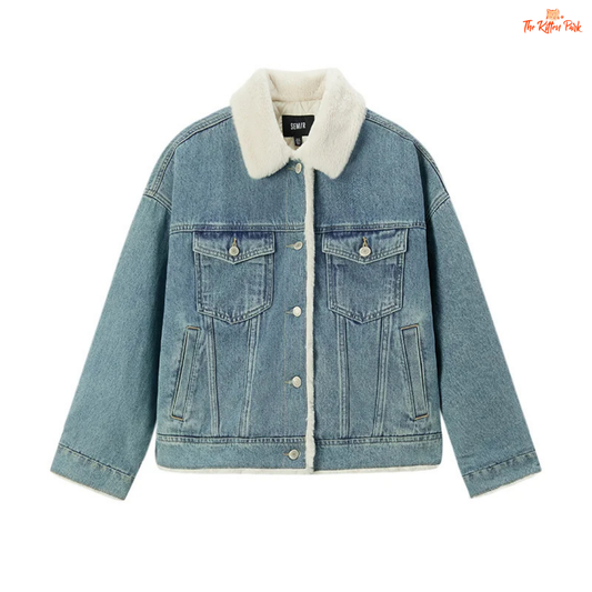 A women’s patchwork denim jacket with quilted design, faux fur lapel, and single-breasted closure for cozy winter wear.