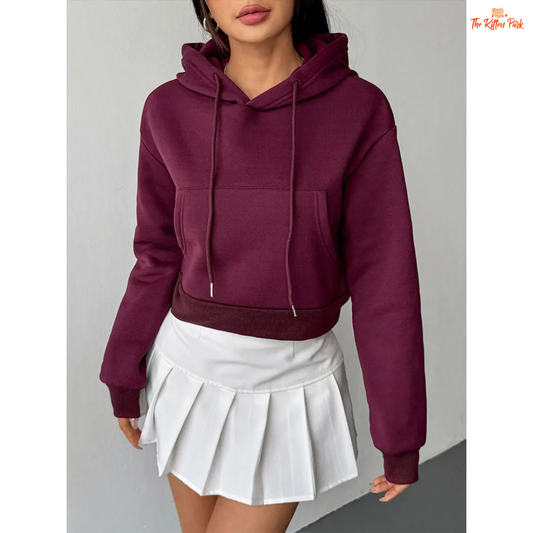 A wine-red women's autumn lace-up hoodie with zipper closure, hood, and pockets — thick knit streetwear pullover for casual comfort.