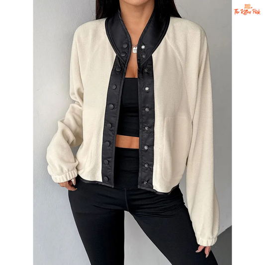 A beige women’s autumn patchwork wool coat with V-neck, zipper and button closure, long sleeves, and streetwear slim fit style.