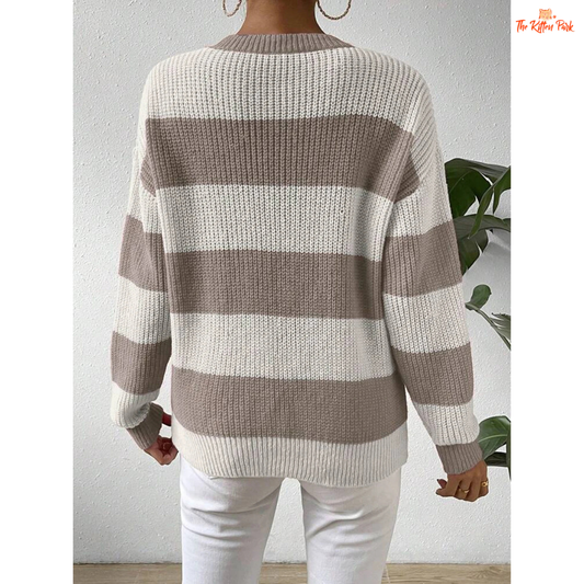 Autumn Winter Striped Knit Sweater – Casual Round Neck Pullover with striped pattern, heavyweight acrylic fabric, O-neck, regular fit, full sleeves, on a dirty white background.