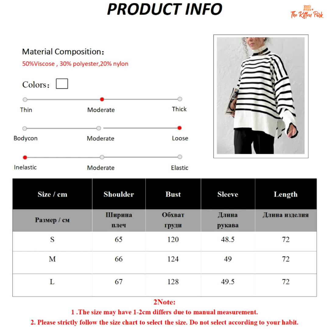 Product information sheet with a striped sweater, material composition, color options, and size chart.