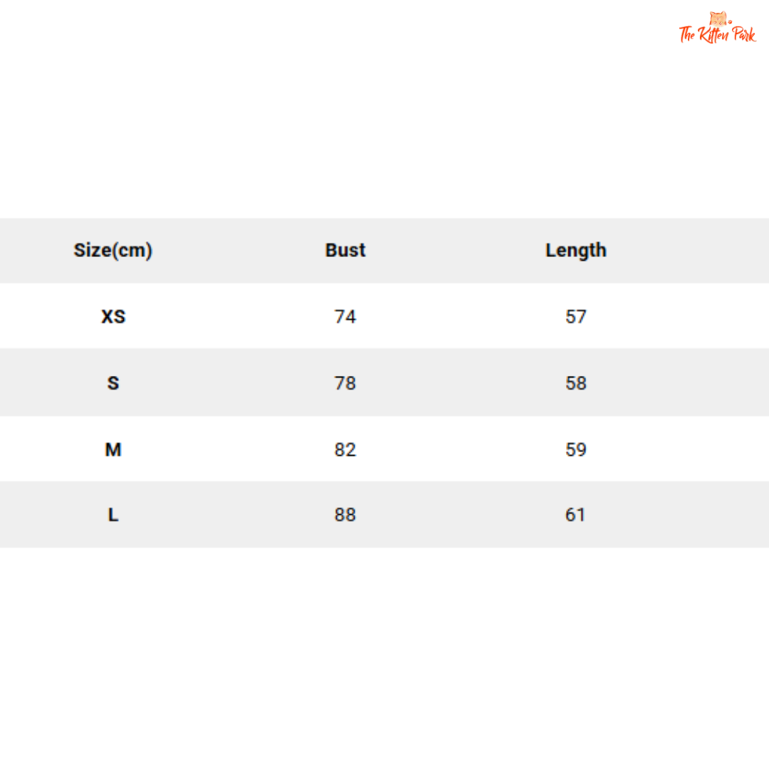 Size chart for clothing with bust and length measurements in centimeters