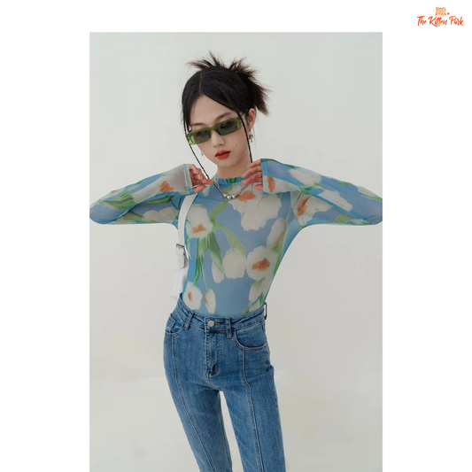 Sheer floral mesh turtleneck with a slim vintage fit, perfect for spring layering with Korean-inspired elegance.