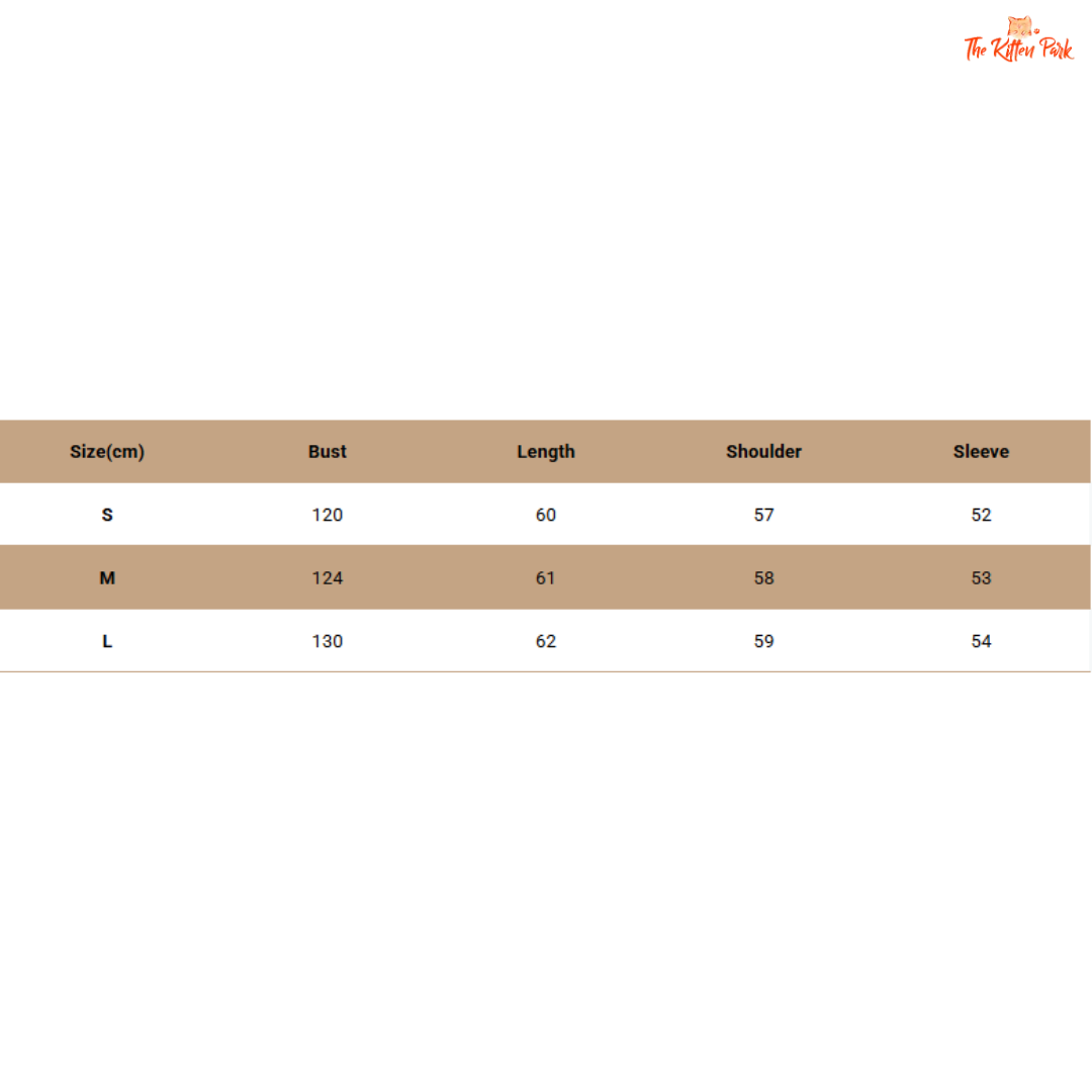 Size chart for clothing with measurements in centimeters on a white background