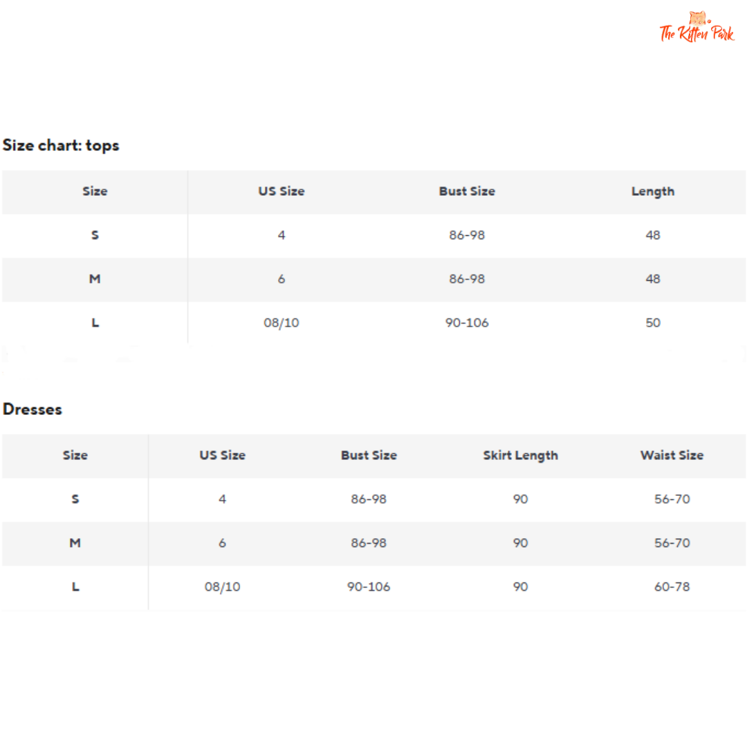 Size chart for tops and dresses with measurements in inches.