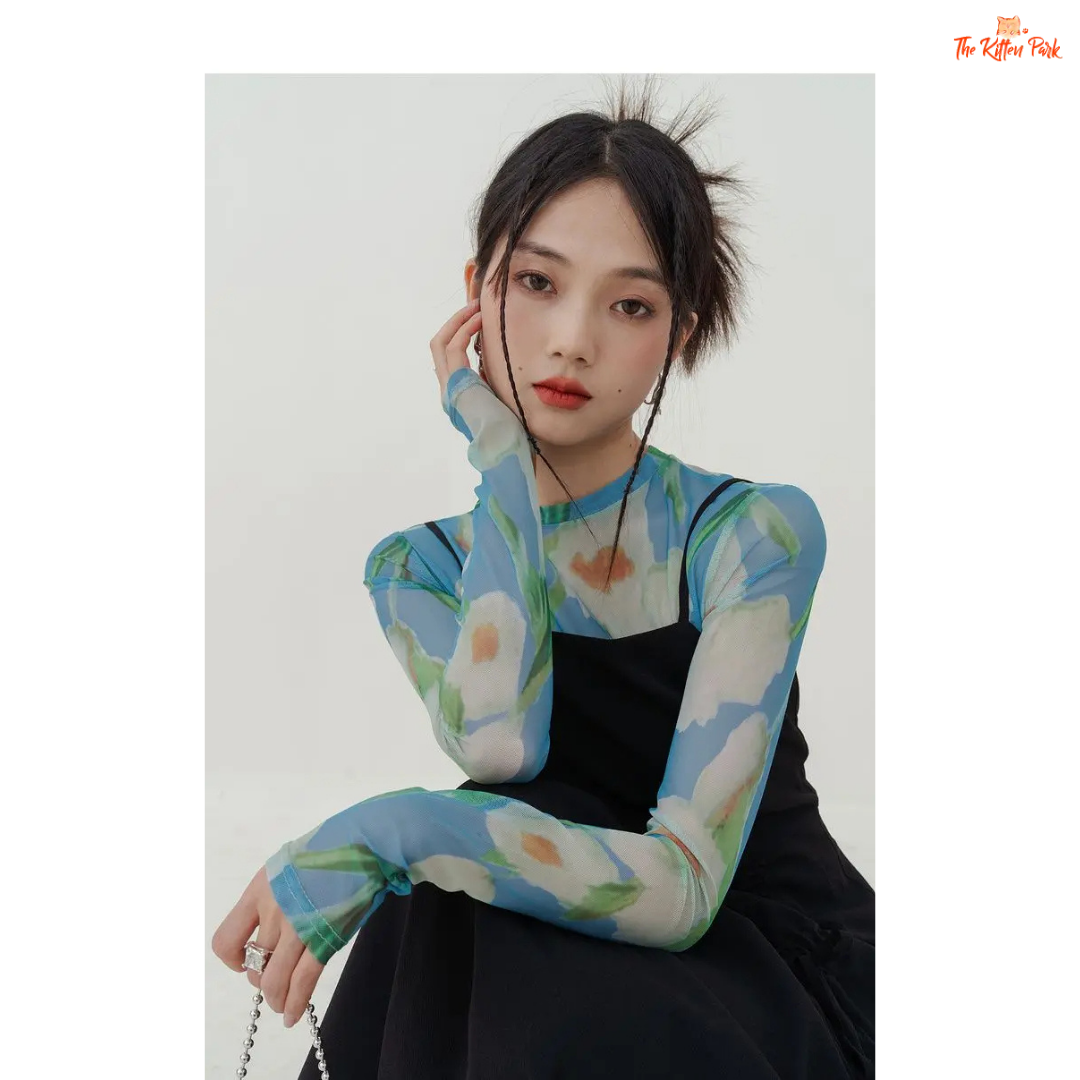 Sheer floral mesh turtleneck with a slim vintage fit, perfect for spring layering with Korean-inspired elegance.