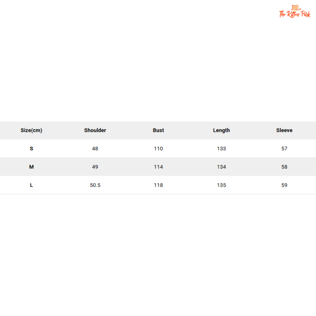 Size chart for clothing with measurements in centimeters