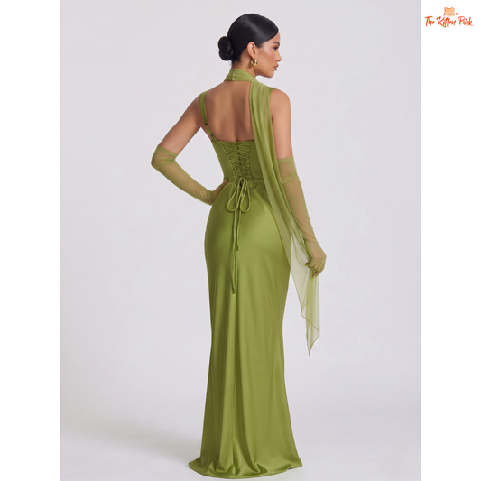 Backless satin maxi dress with square neckline, ankle-length bodycon silhouette, and elegant party style.