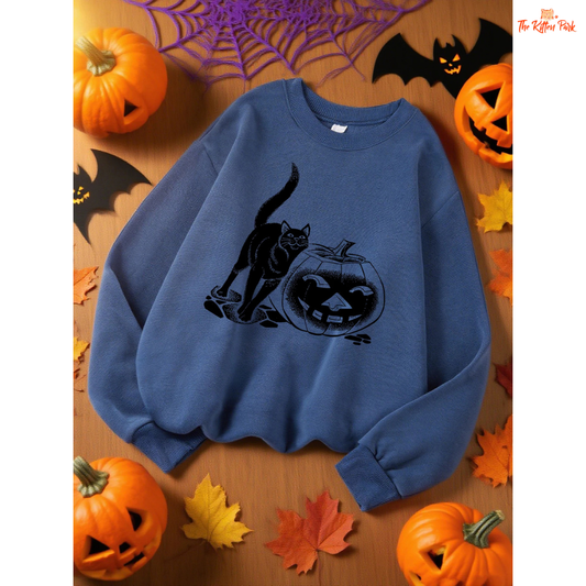 Black Cat & Pumpkin Lantern Sweatshirt – Halloween Oversize Top in fleece polyester, loose fit with cartoon pumpkin and cat design, cozy for autumn/winter.