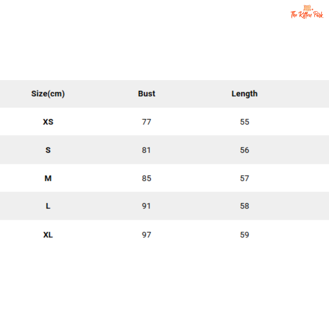 Size chart for clothing with bust and length measurements in centimeters.