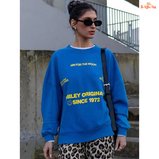 Blue Letter Print Pullover for women, streetwear-inspired loose-fit O-neck sweater, polyester knit, fine yarn, lightweight for Spring/Summer wear.