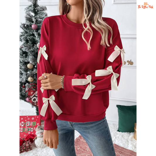 Bow Decor Sweatshirt featuring 3D bow details, loose fit, and thick polyester blend fabric — a cozy and feminine pullover for autumn and winter.