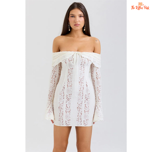 White strapless off-shoulder lace mini dress for women, featuring a backless bodycon fit and flirty above-knee silhouette.
