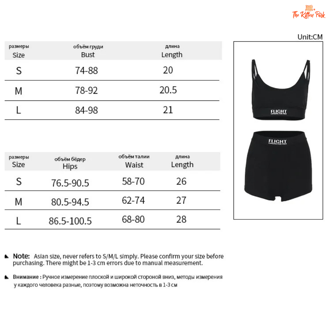 Size chart for black athletic wear with measurement details on a white background