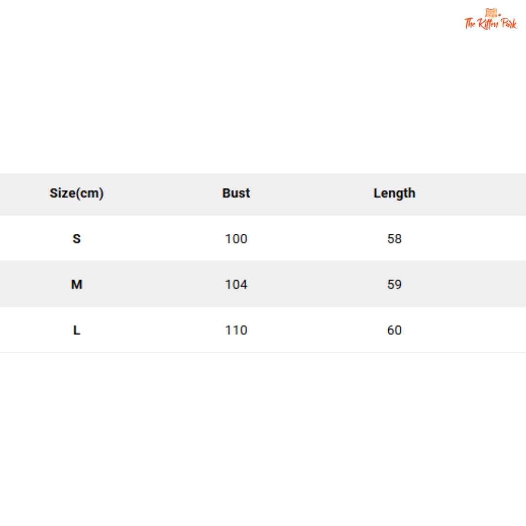 Size chart for clothing with bust and length measurements in centimeters.