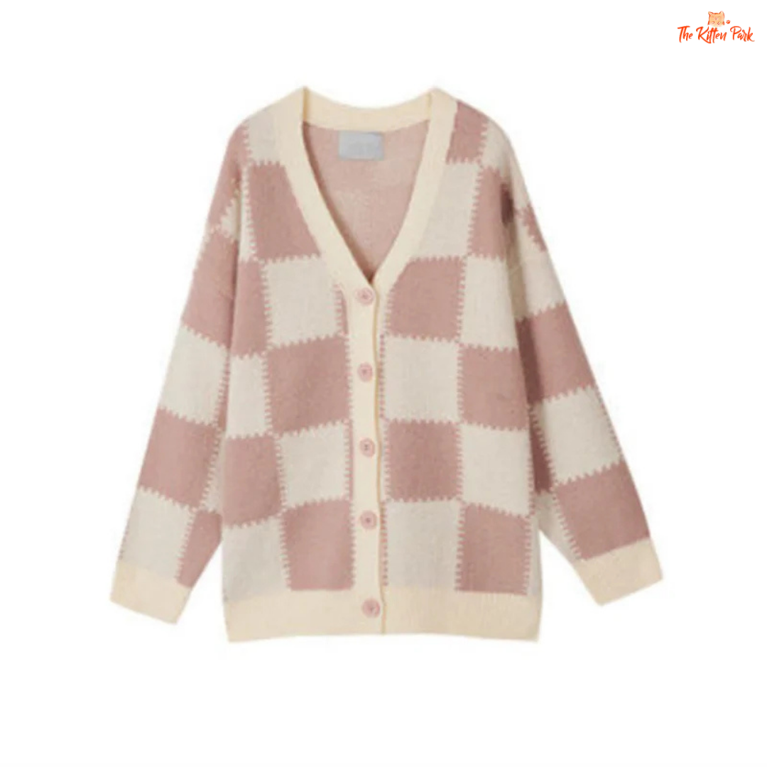 Checkerboard Knit Cardigan in polyester knit with plaid checkerboard pattern, V-neck, long sleeves, and single-breasted loose fit for autumn layering.