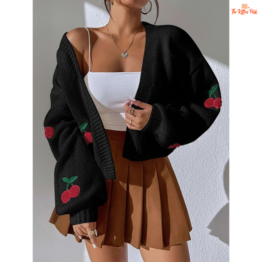 Cherry Embroidery Knit Cardigan — women’s loose commuter sweater with playful cherry embroidery, polyester knit, open stitch closure, and casual high-street autumn/winter style.