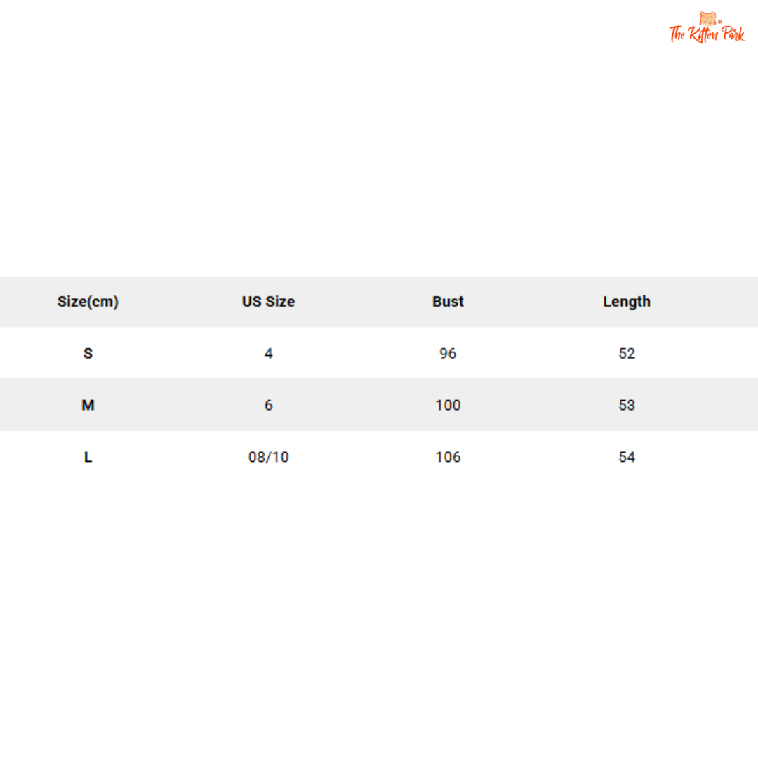Size chart for clothing with measurements in centimeters and US sizes.