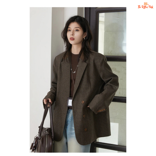 Woman wearing a brown blazer holding a leather bag indoors.