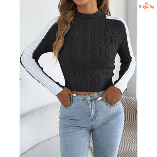 Women’s Contrast Color Striped Sweater featuring bold horizontal stripes, lantern sleeves, and slim fit knit design in off-white tones for autumn and winter wear.