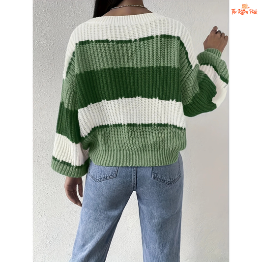 Contrast Shoulder Knit Sweater | Women’s Casual Long Sleeve Pullover