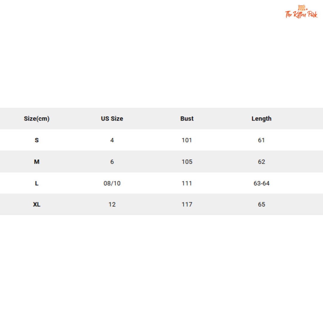 Size chart for clothing with measurements in centimeters and US sizes.