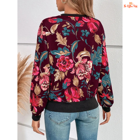 Cozy Floral Print Sweatshirt with round neck, floral design, and thick knit polyester blend, perfect for casual holiday wear in autumn and winter.