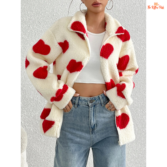 Cozy Women's Fleece Coat, loose-fit soft winter zip jacket with fleece thickness and geometric casual design for autumn and winter.