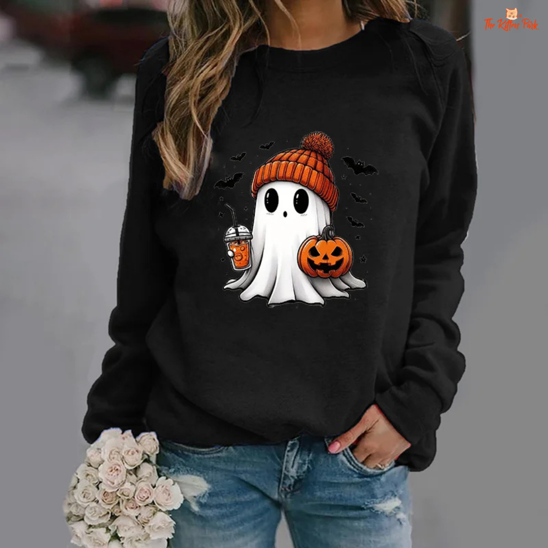 Cute Ghost Pattern Sweater – women's slim-fit casual pullover with ghost print appliques, O-neck, full sleeves, polyester fabric with slight stretch; ideal for autumn and winter casual wear.