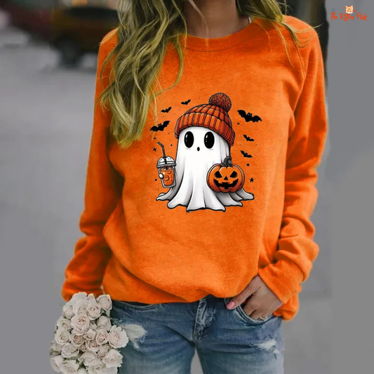 Cute Ghost Pattern Sweater – women's slim-fit casual pullover with ghost print appliques, O-neck, full sleeves, polyester fabric with slight stretch; ideal for autumn and winter casual wear.