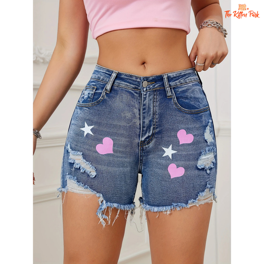 Women's vintage high-waisted denim shorts with heart-shaped prints and ripped detailing, perfect for spring and summer casual wear.