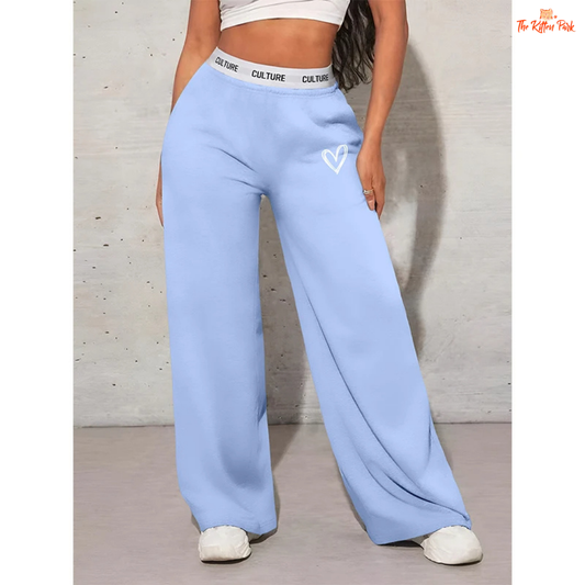 Wide-leg trousers for women with LOVE print, mid-rise elastic waist, and pockets — designed in a casual, loose-fit silhouette for all-season wear.