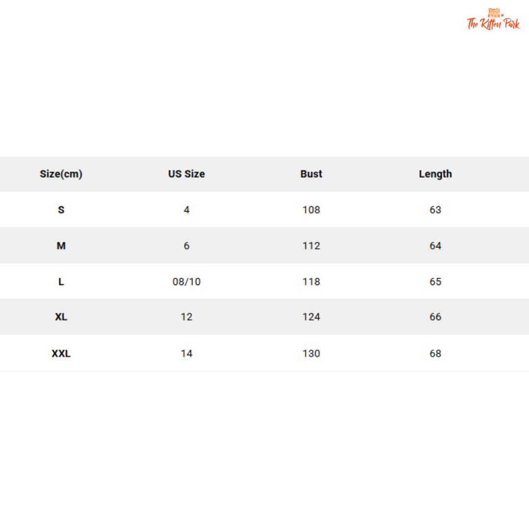 Size chart for clothing with US size, bust, and length measurements.